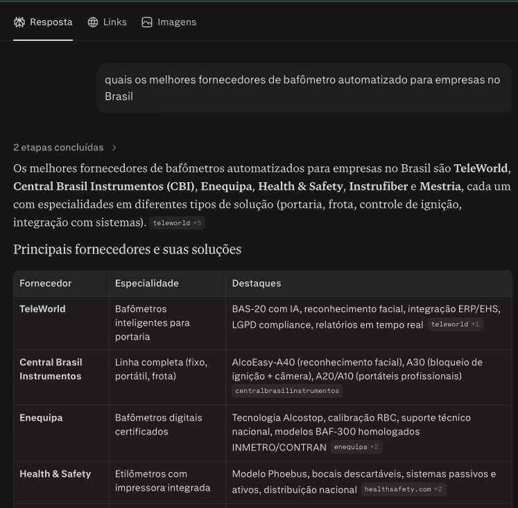 O Perplexity monta uma tabela comparando os fornecedores e mostra de onde tirou cada informação. A Health Safety, cliente nossa, está entre eles.