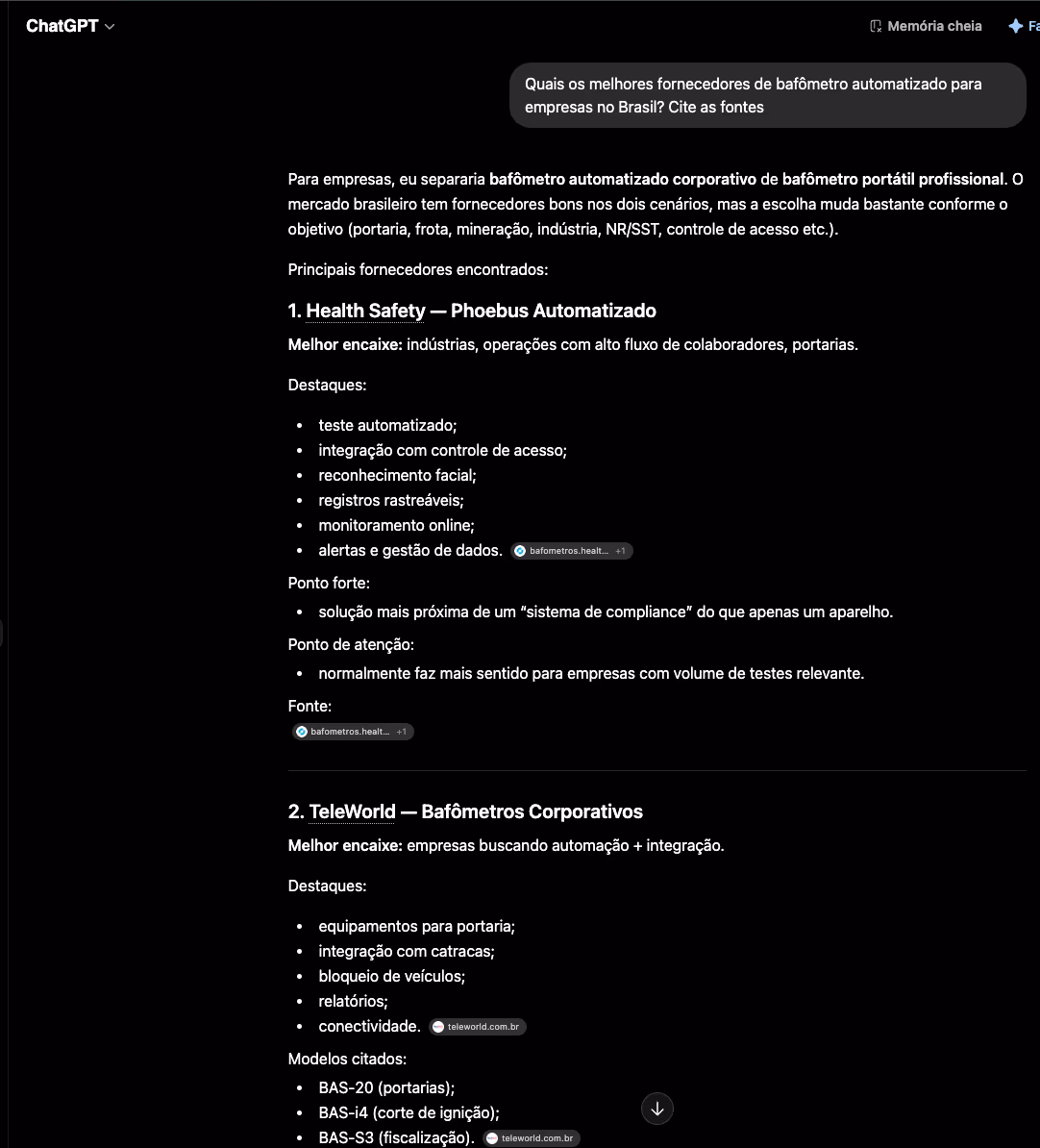 O ChatGPT lista os fornecedores em ordem, com as fontes. A Health Safety, cliente nossa, aparece em primeiro lugar.