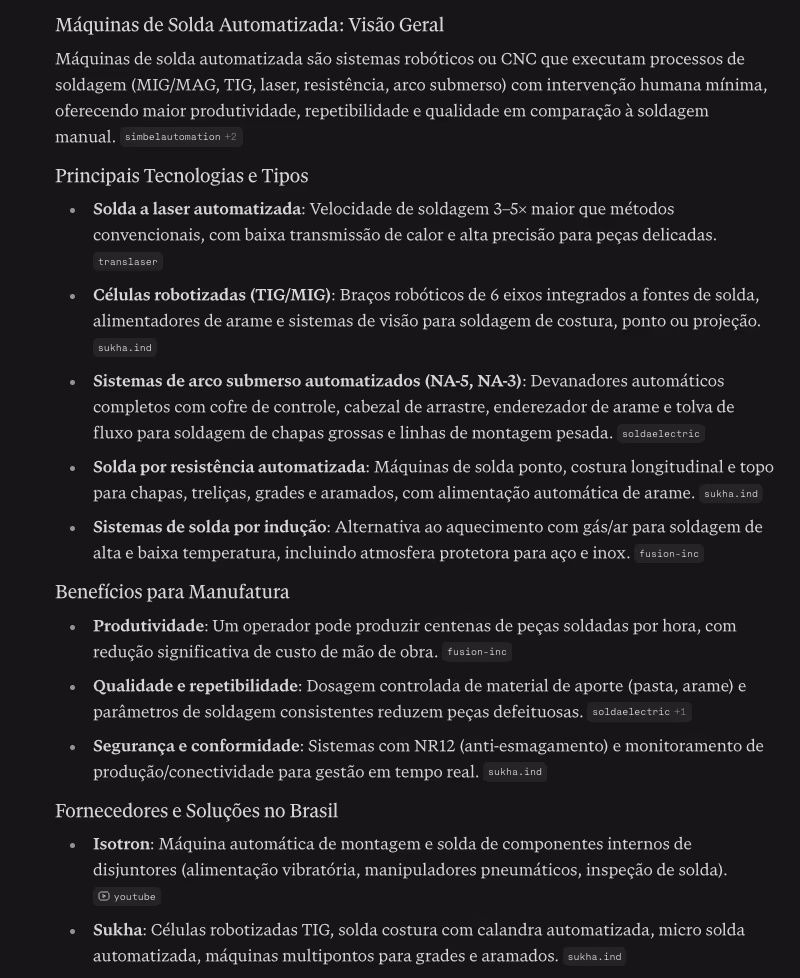 Na pergunta "máquinas de solda automatizada", o Perplexity cita o site da Sukha três vezes como fonte e ainda a coloca na lista de fornecedores do Brasil.